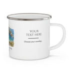 White enamel camping mug with handle; "YOUR TEXT HERE" personalization panel and silver rim.