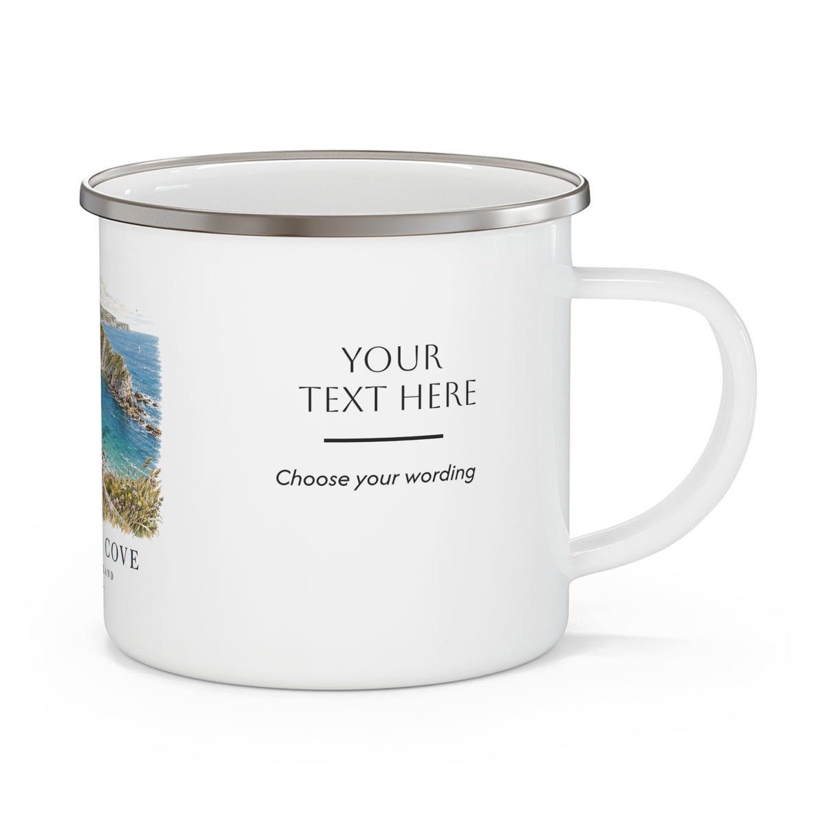 White enamel camping mug with handle; "YOUR TEXT HERE" personalization panel and silver rim.