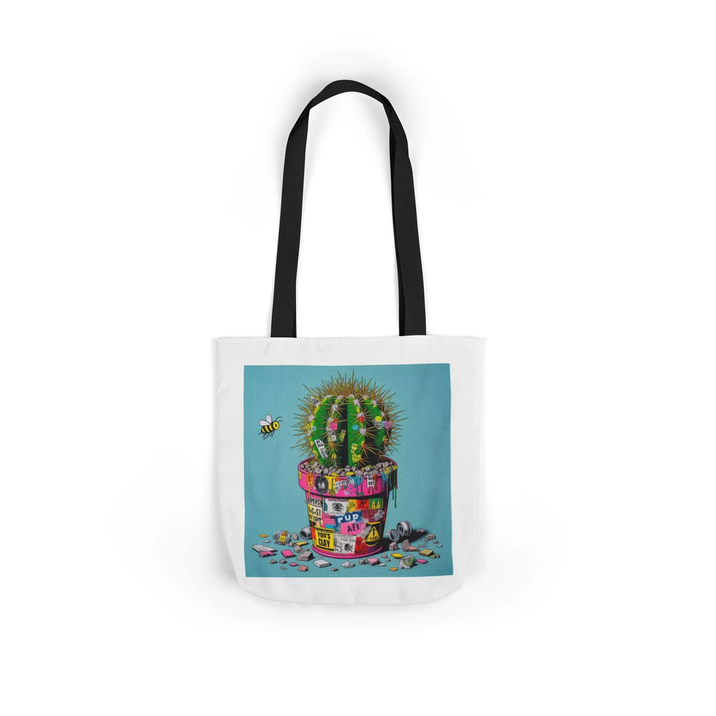 Tote bag with cactus artwork, white body, black handles