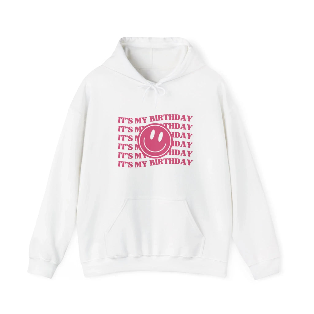 White hooded sweatshirt with colorful birthday text and black smiley logo