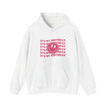 White hooded sweatshirt with colorful birthday text and black smiley logo