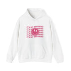 White hooded sweatshirt with colorful birthday text and black smiley logo