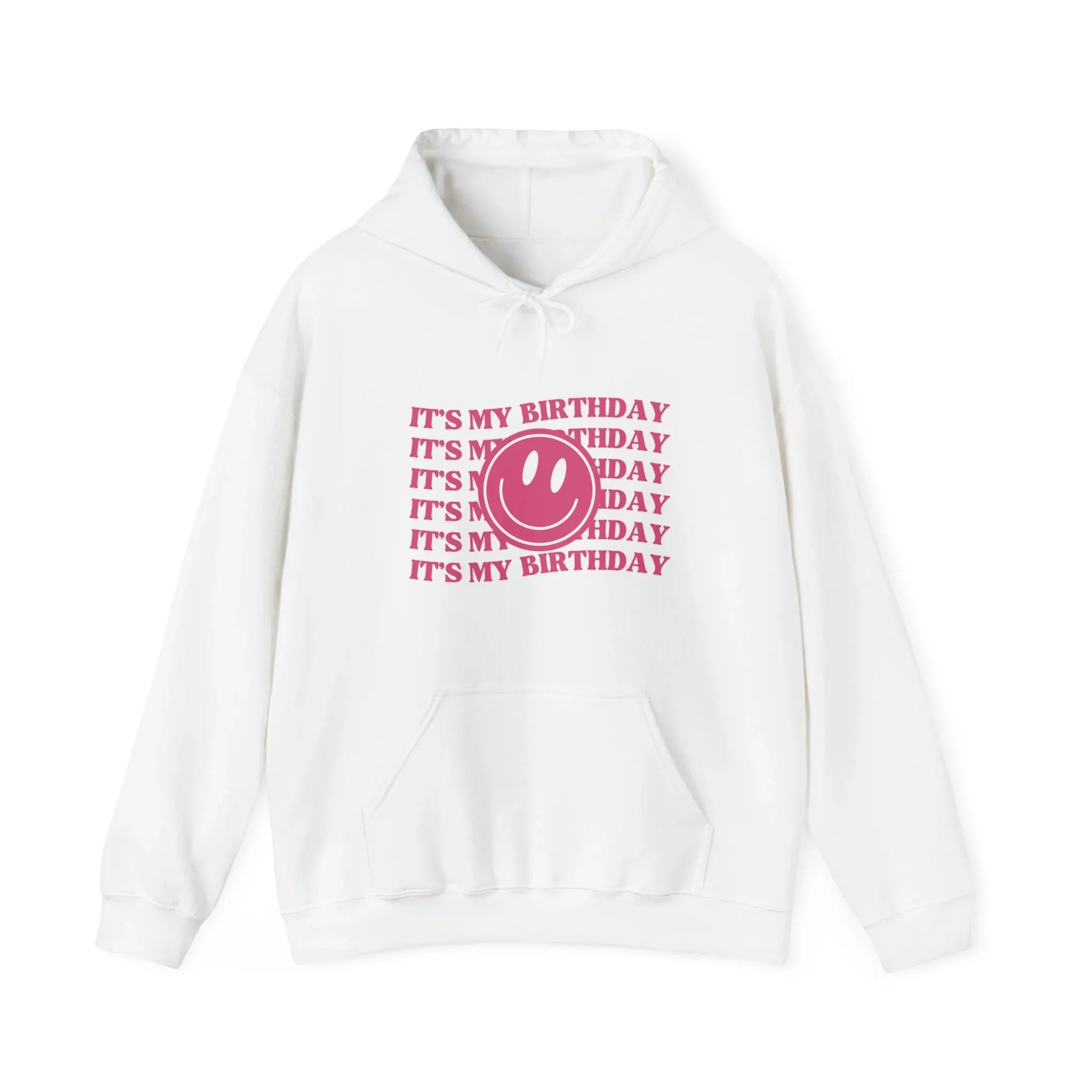White hooded sweatshirt with colorful birthday text and black smiley logo