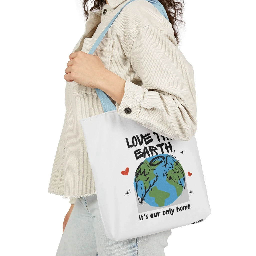 Cream tote bag with Earth graphic and text Love the Earth, it’s our only home