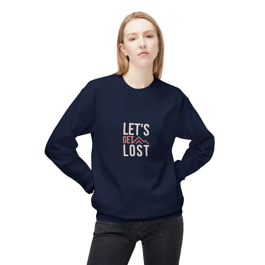 Navy crewneck sweatshirt with 'LET'S GET LOST' graphic front.