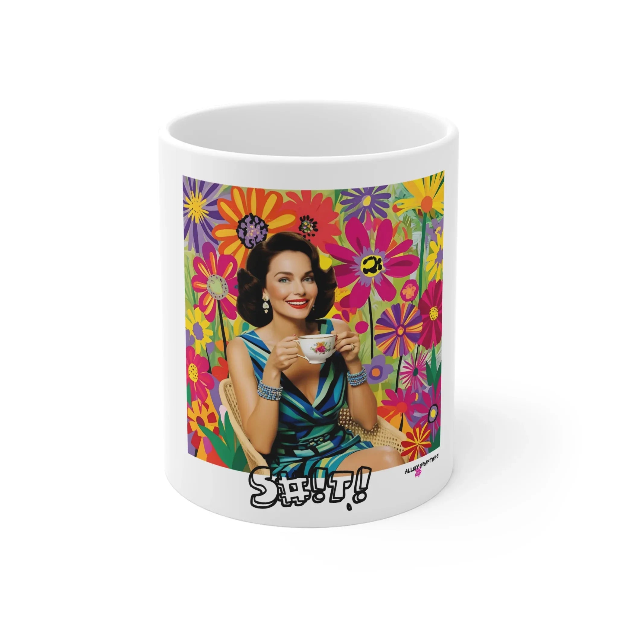 White coffee mug with colorful floral border and portrait woman; front view