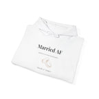 White hoodie, front print “Married AF” with ring graphic and custom names