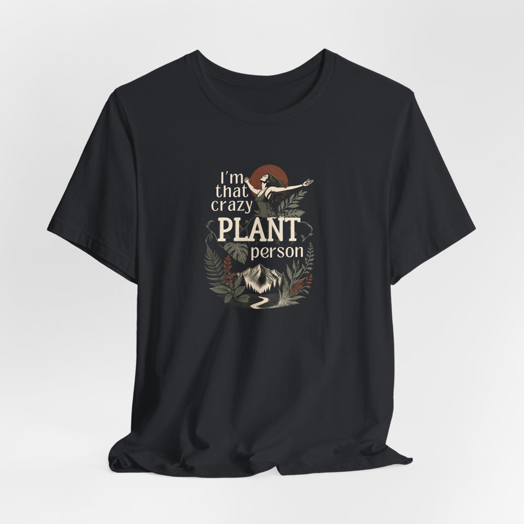 Black plant lover t-shirt with 'crazy plant person' botanical graphic