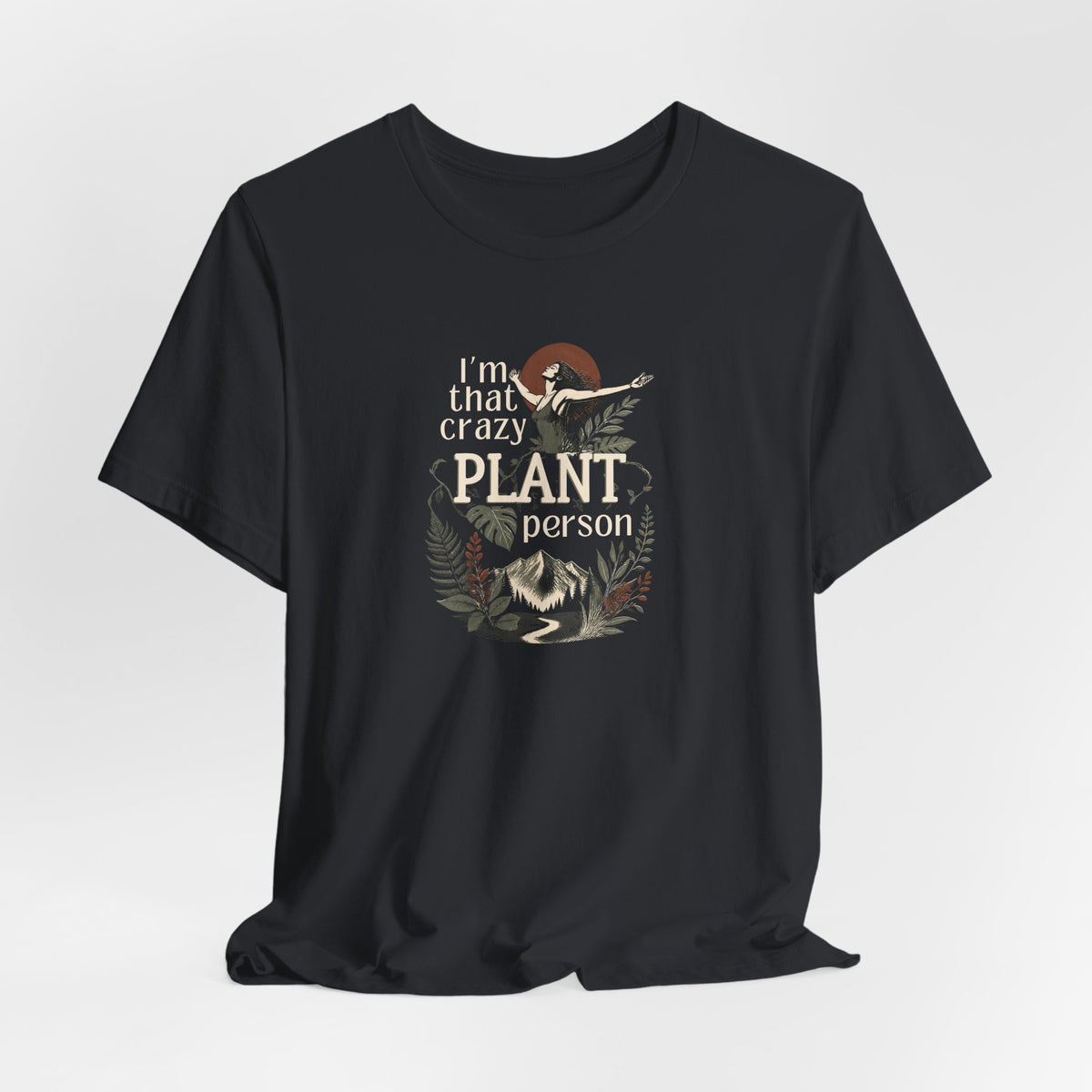 Black plant lover t-shirt with 'crazy plant person' botanical graphic