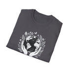 Charcoal crewneck T-shirt with white globe-and-leaf “Protect Our Planet” graphic