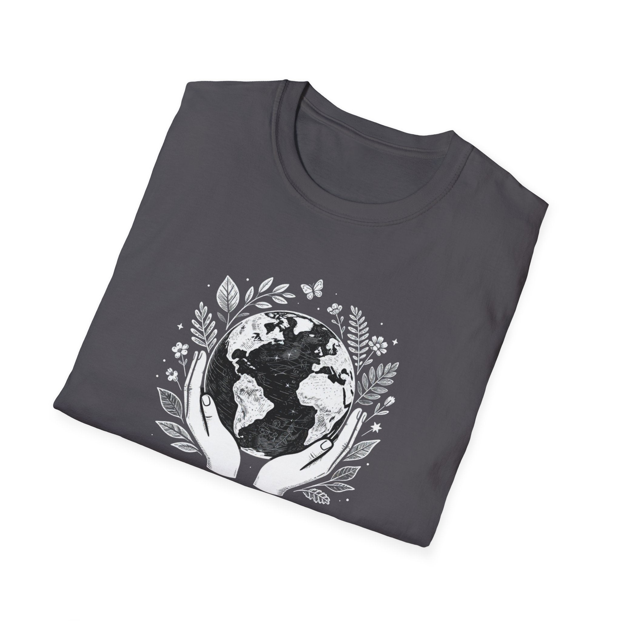 Charcoal crewneck T-shirt with white globe-and-leaf “Protect Our Planet” graphic