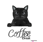 Coffee break mug design: black cat illustration over “Coffee Break” text on white.