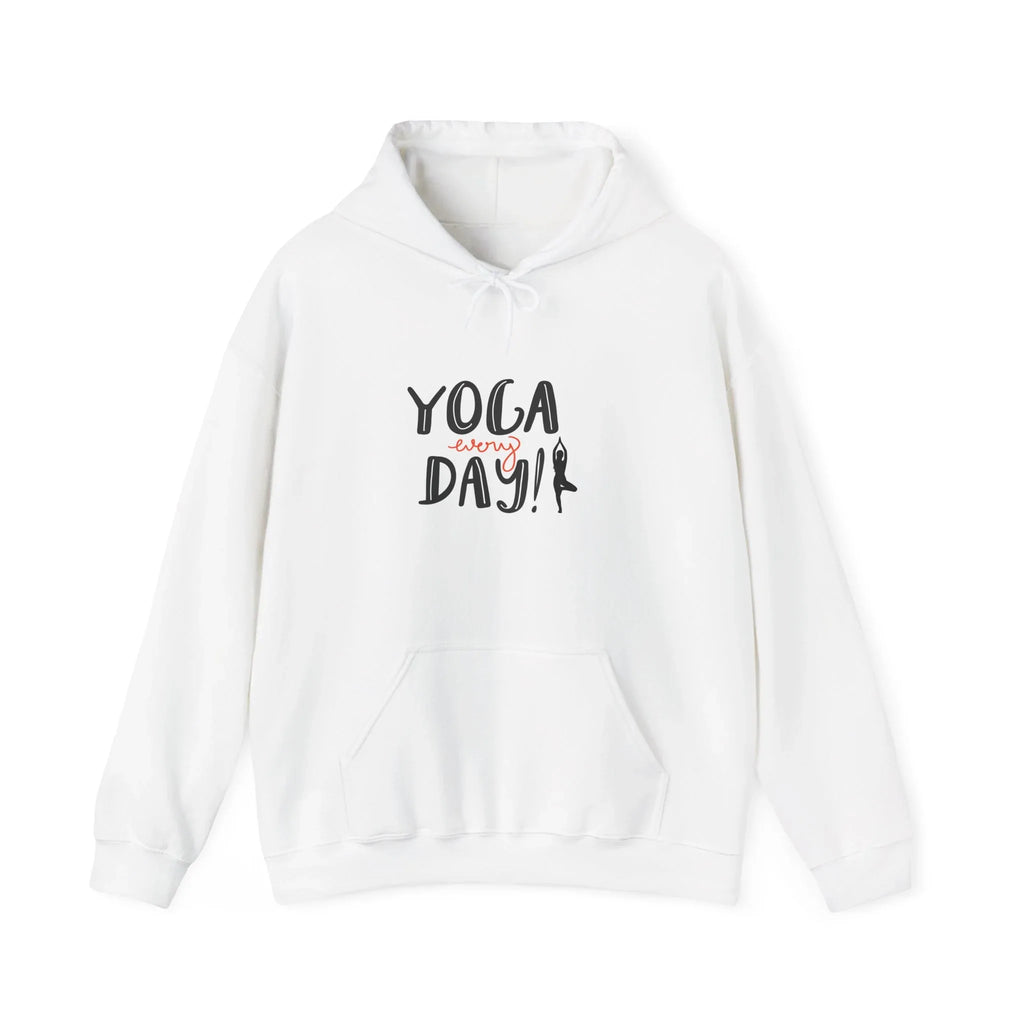 White yoga hoodie with "YOGA every day!" graphic and front kangaroo pocket