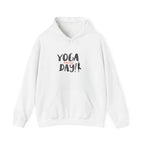White yoga hoodie with "YOGA every day!" graphic and front kangaroo pocket
