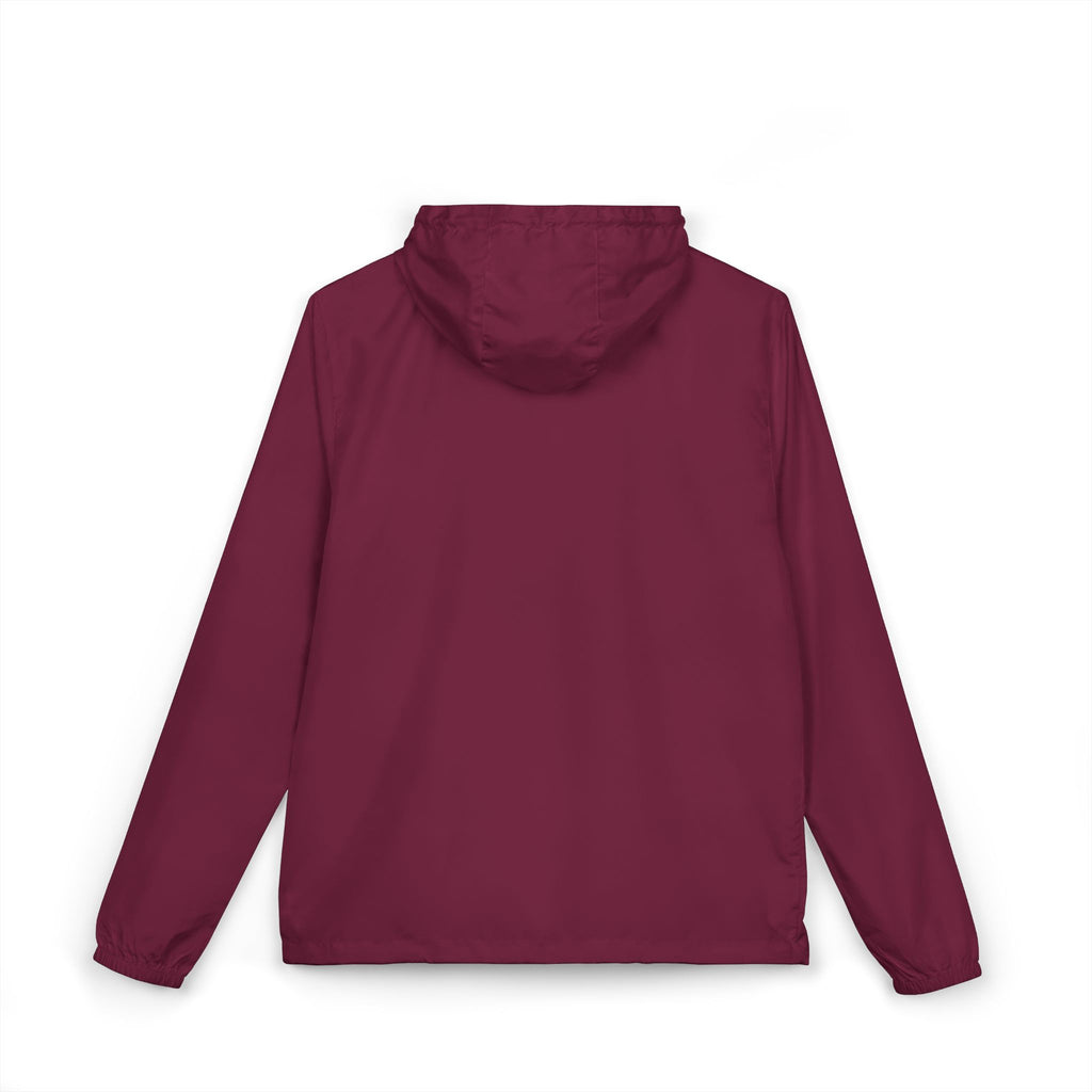 Maroon hooded lightweight windbreaker jacket, back view