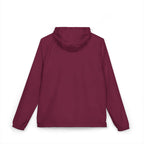 Maroon hooded lightweight windbreaker jacket, back view