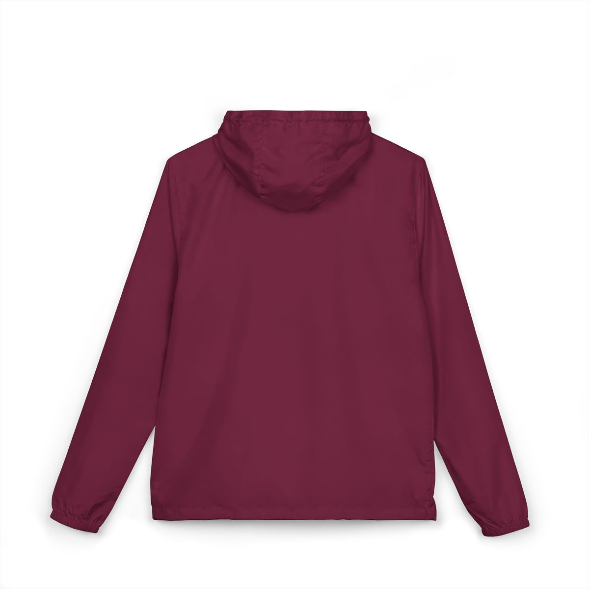 Maroon hooded lightweight windbreaker jacket, back view