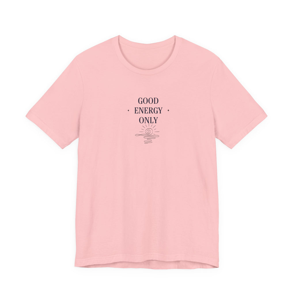 Light pink crew-neck short-sleeve T-shirt with 'GOOD ENERGY ONLY' chest print