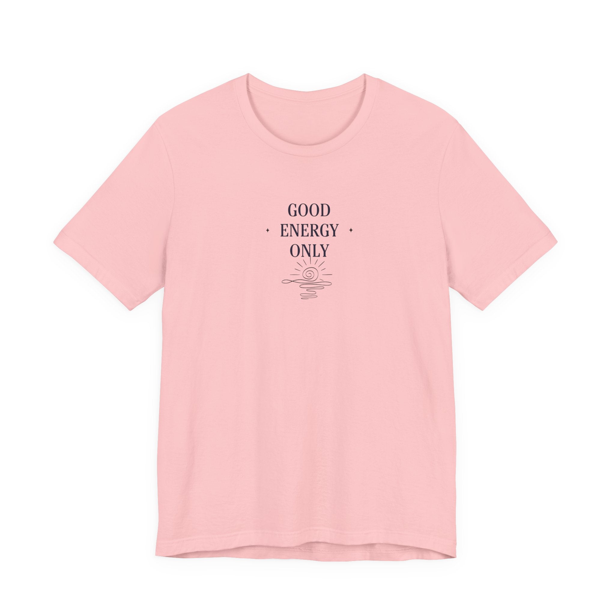 Light pink crew-neck short-sleeve T-shirt with 'GOOD ENERGY ONLY' chest print