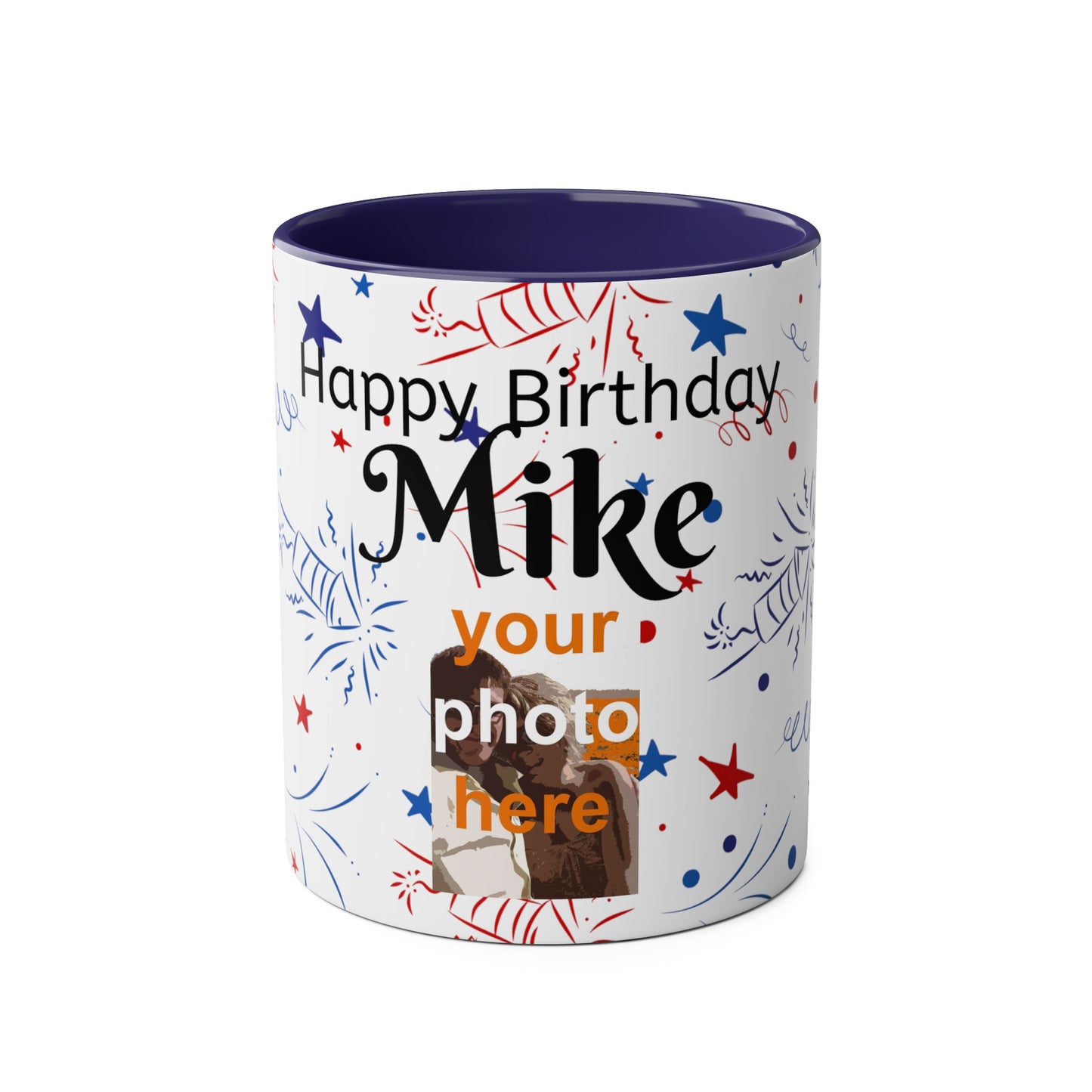Happy birthday personalised photo and name Two-Tone Coffee Mugs, 11oz