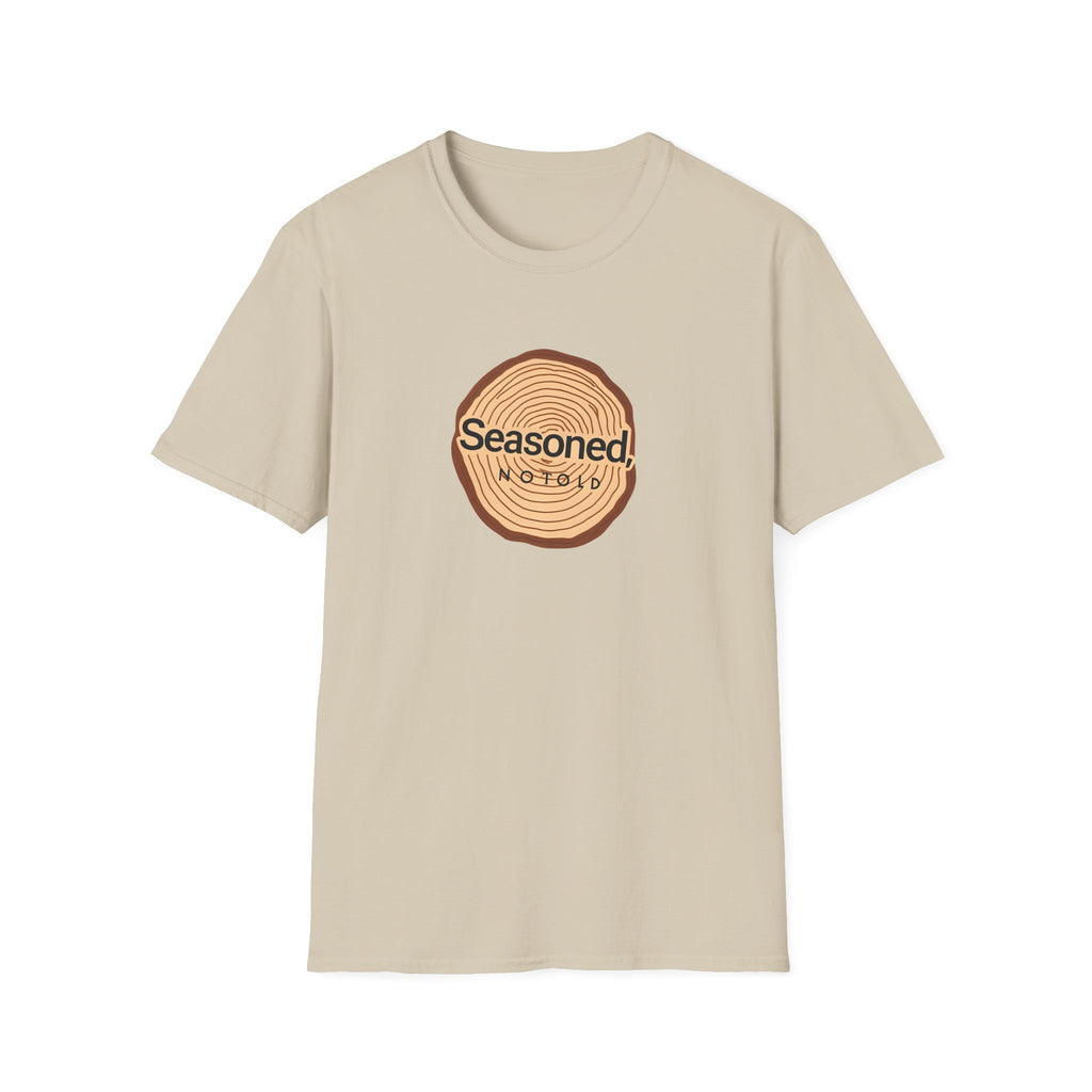 Sand crew-neck T-shirt with circular tree-ring badge graphic reading 'Seasoned'