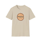 Sand crew-neck T-shirt with circular tree-ring badge graphic reading 'Seasoned'