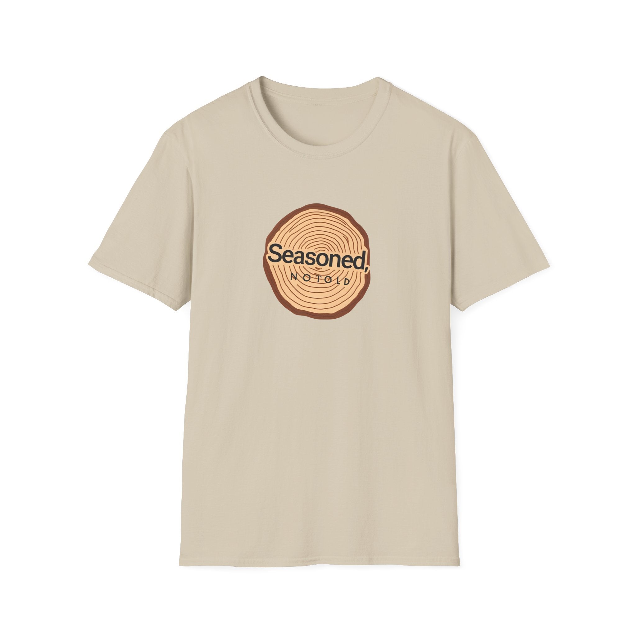 Sand crew-neck T-shirt with circular tree-ring badge graphic reading 'Seasoned'