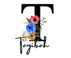 Floral letter and script name graphic print for a white kids hoodie