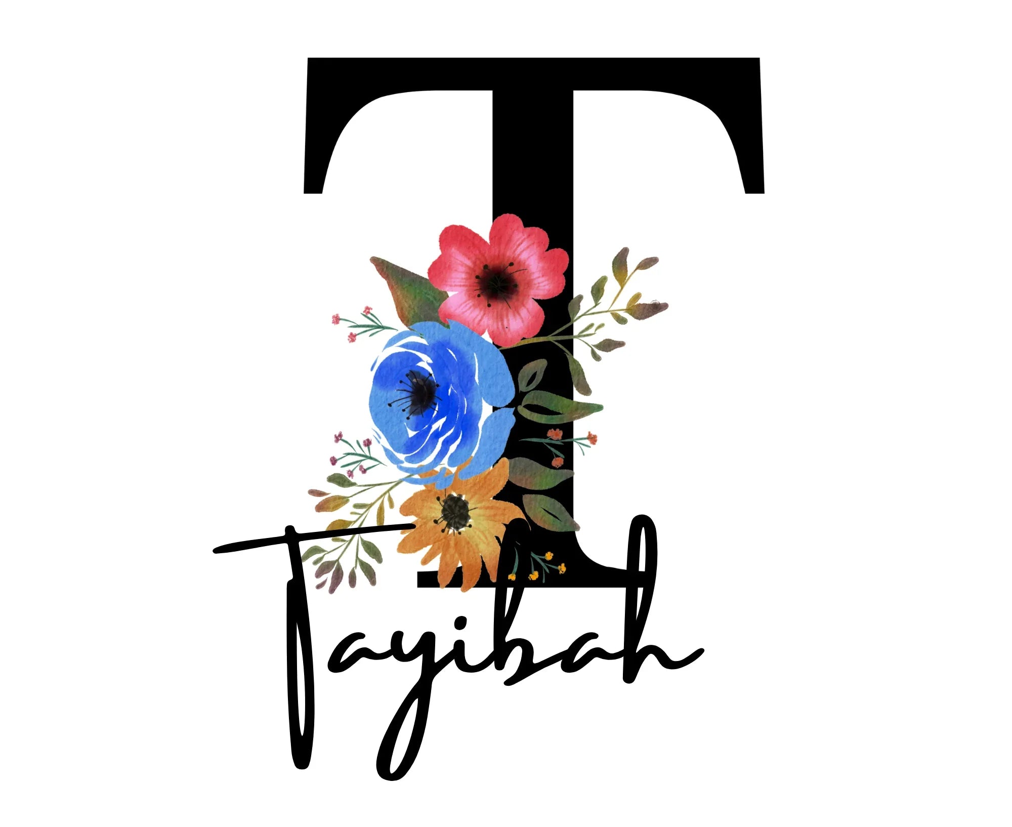 Floral letter and script name graphic print for a white kids hoodie