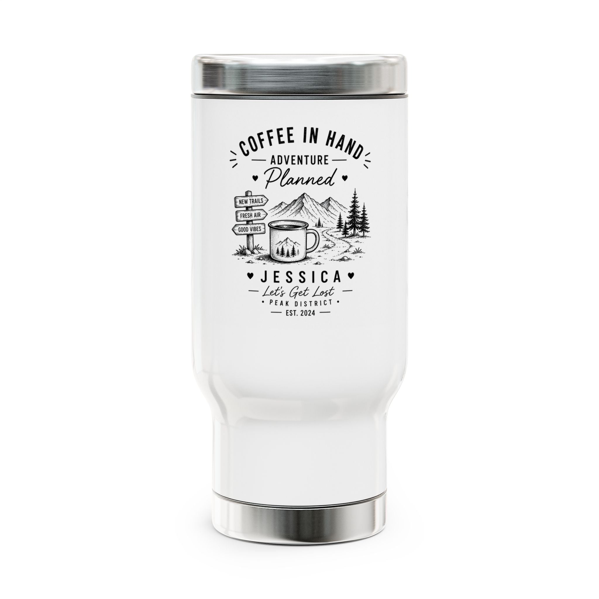 Coffee in Hand Adventure Travel Mug — Personalized 'Jessica' 14oz Stainless Steel