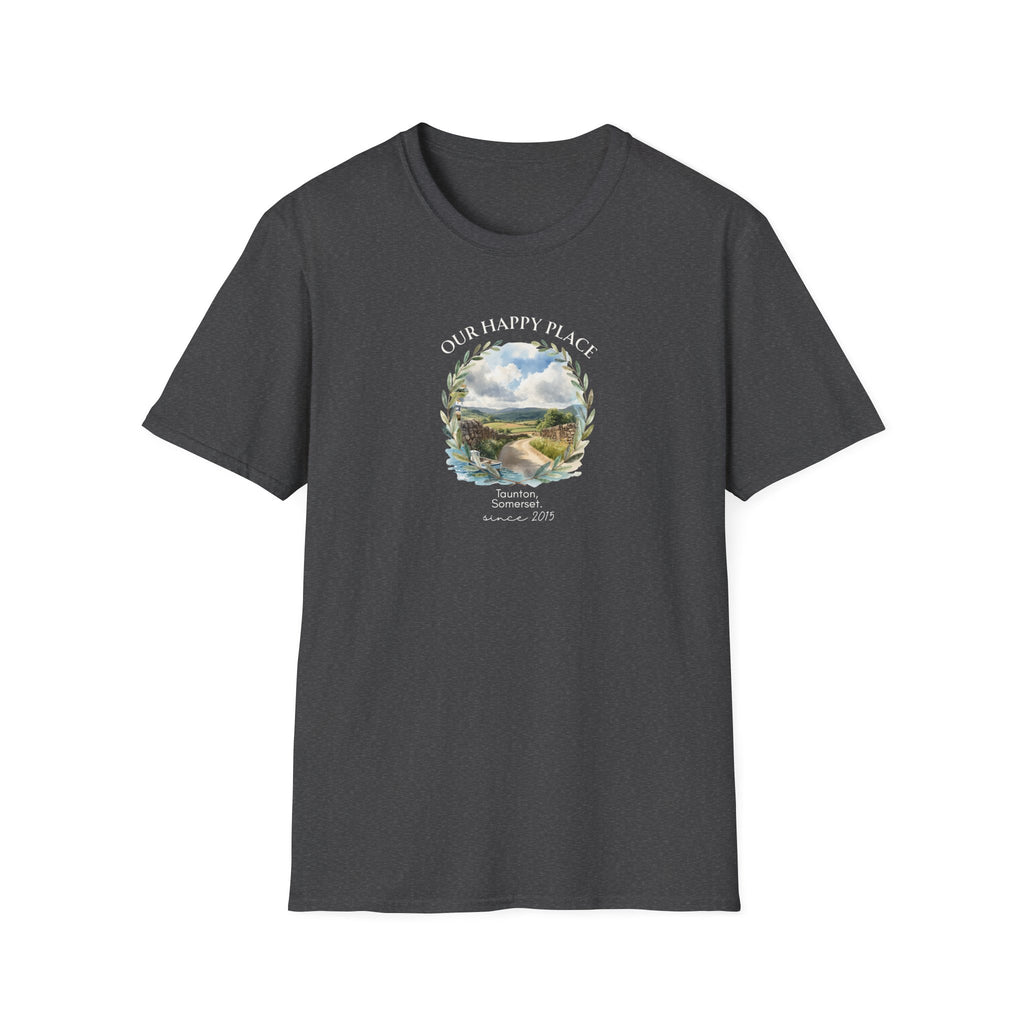 Our Happy Place Scenic T‑Shirt — Personalized Town Landscape Tee