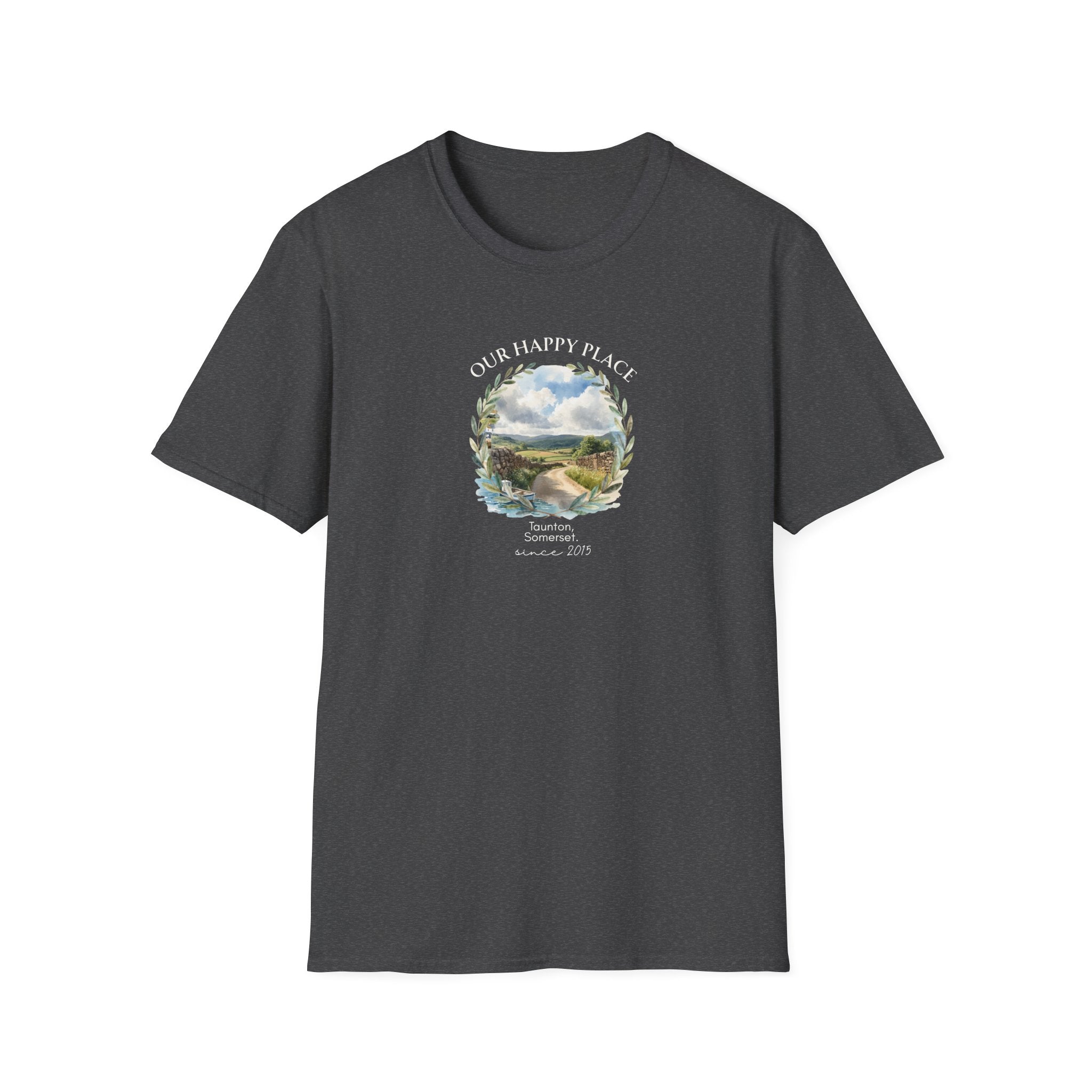 Our Happy Place Scenic T‑Shirt — Personalized Town Landscape Tee