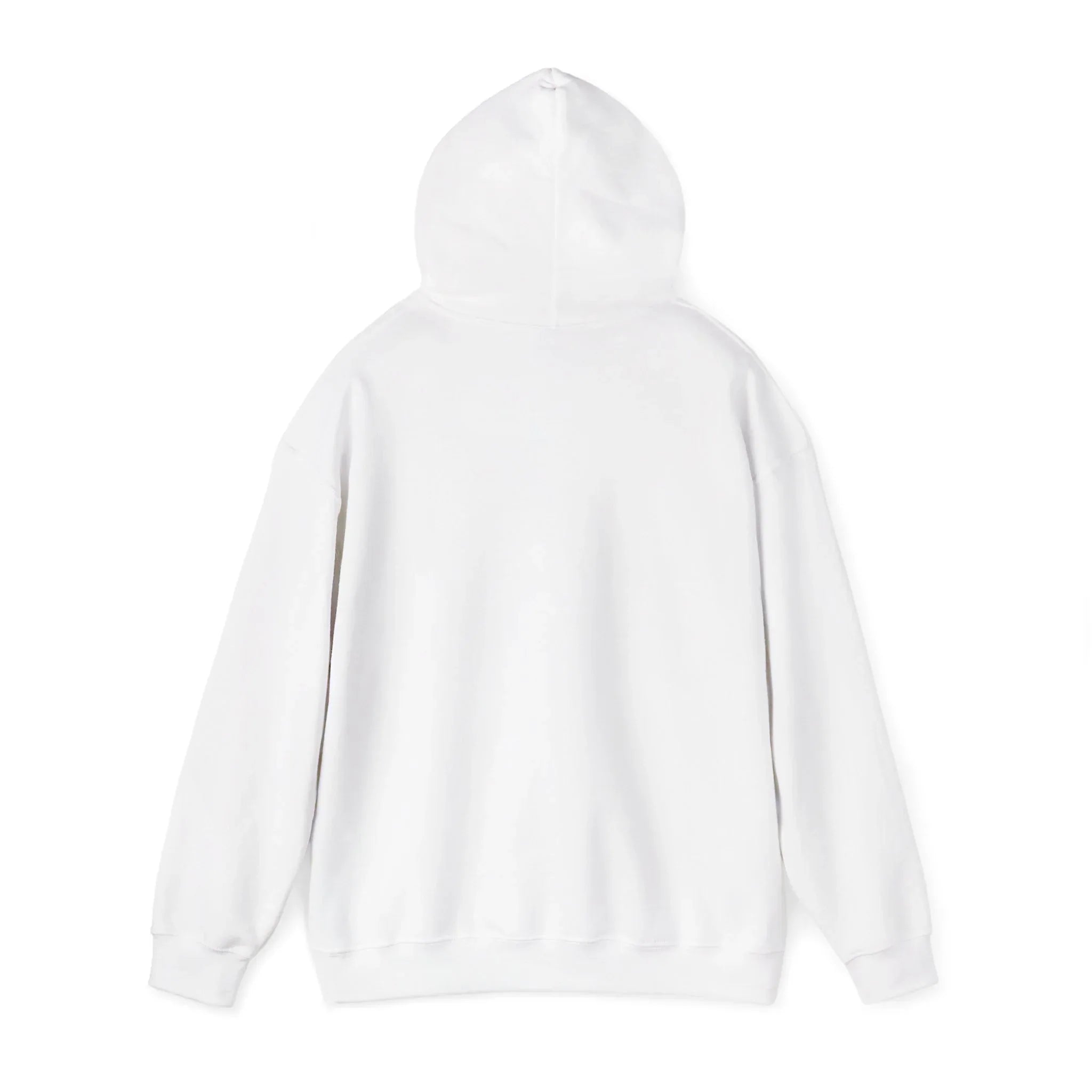 White pullover hoodie back view with hood and long sleeves