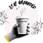 Close-up of white tote front print: “STAY GROUNDED” with coffee mug illustration and leaves
