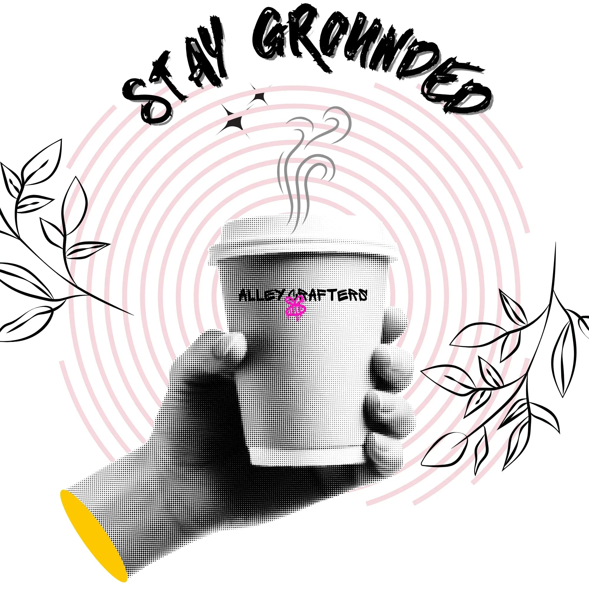 Close-up of white tote front print: “STAY GROUNDED” with coffee mug illustration and leaves