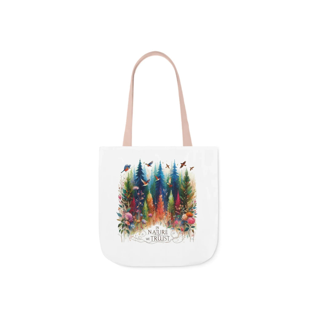 White tote bag with light pink handles, colorful forest and birds design with Nature Trust logo