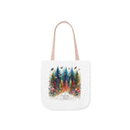 White tote bag with light pink handles, colorful forest and birds design with Nature Trust logo