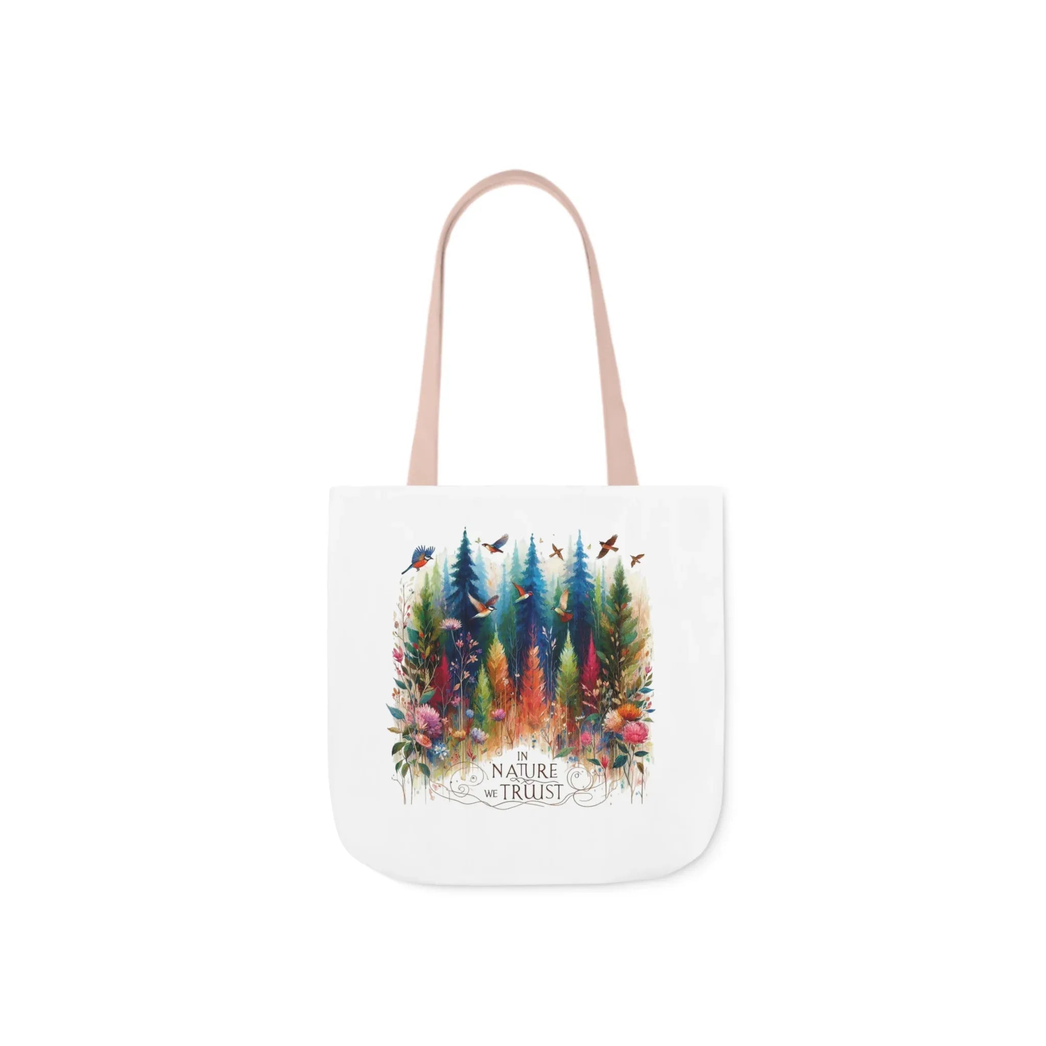 White tote bag with light pink handles, colorful forest and birds design with Nature Trust logo
