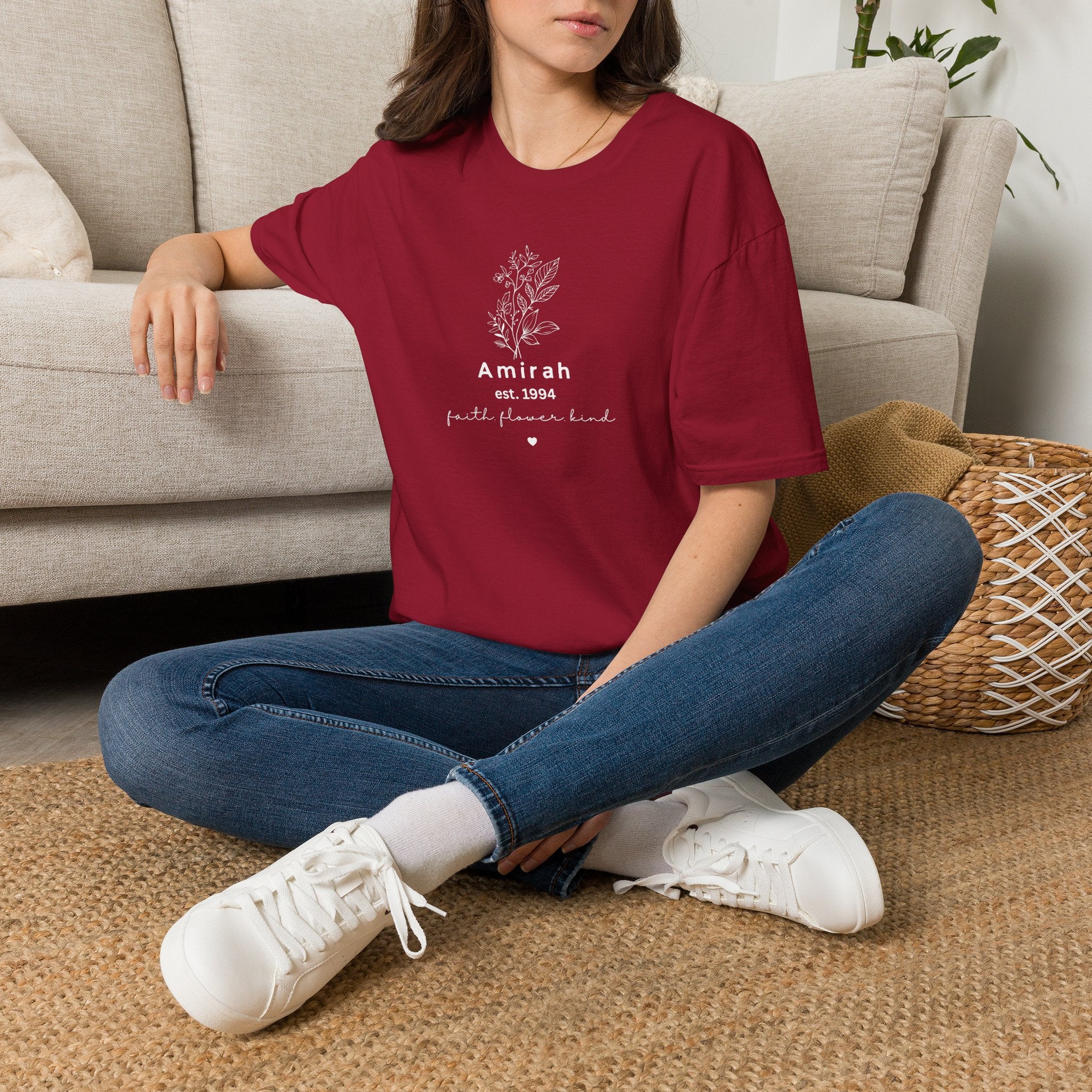 Personalized Floral Name T-Shirt — “Amirah est. 1994” Minimal Botanical Tee