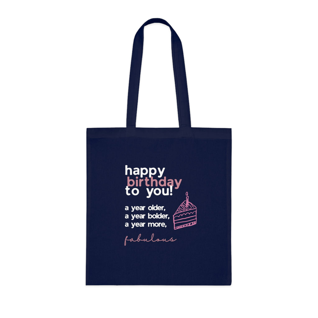 Navy blue cotton tote bag with birthday message and cupcake graphic