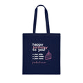 Navy blue cotton tote bag with birthday message and cupcake graphic