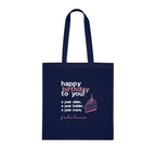 Navy blue cotton tote bag with birthday message and cupcake graphic