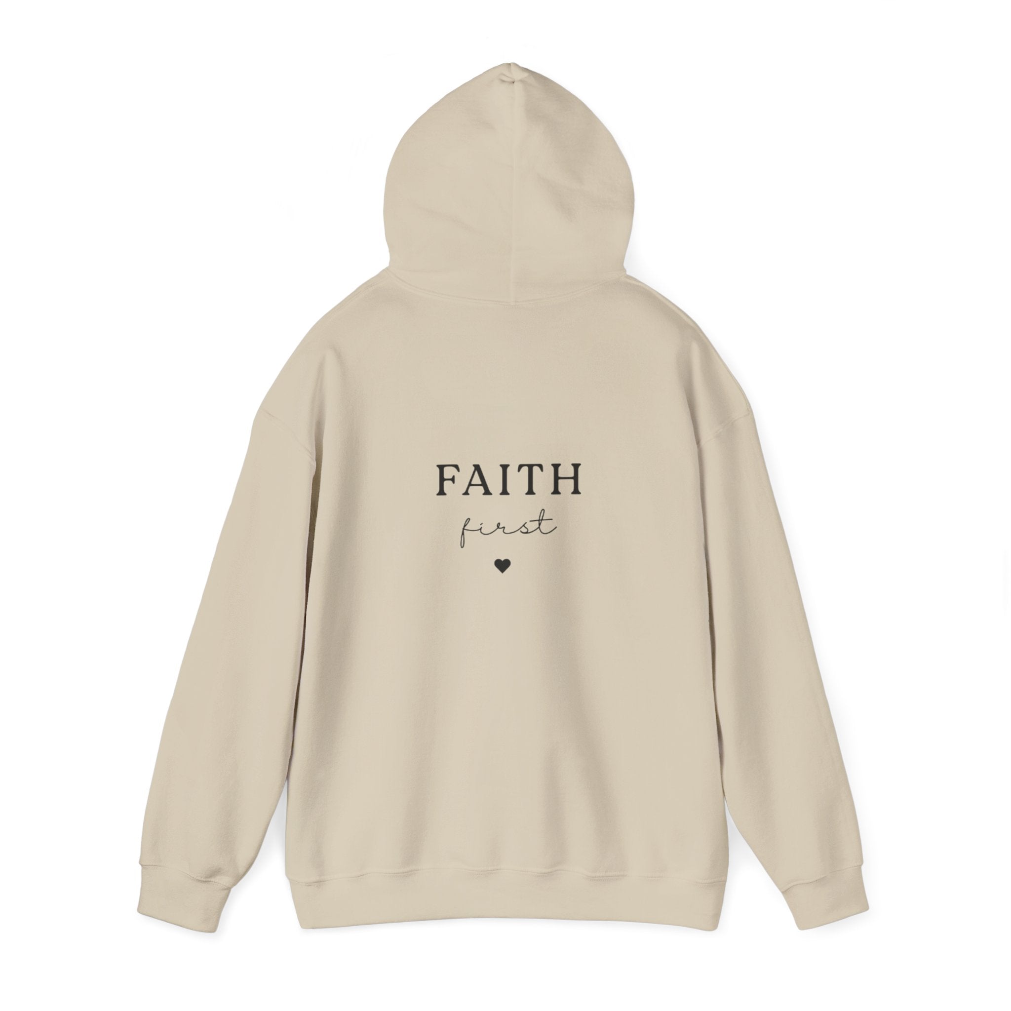 Sand pullover hoodie sweatshirt, back view with "FAITH first" logo print