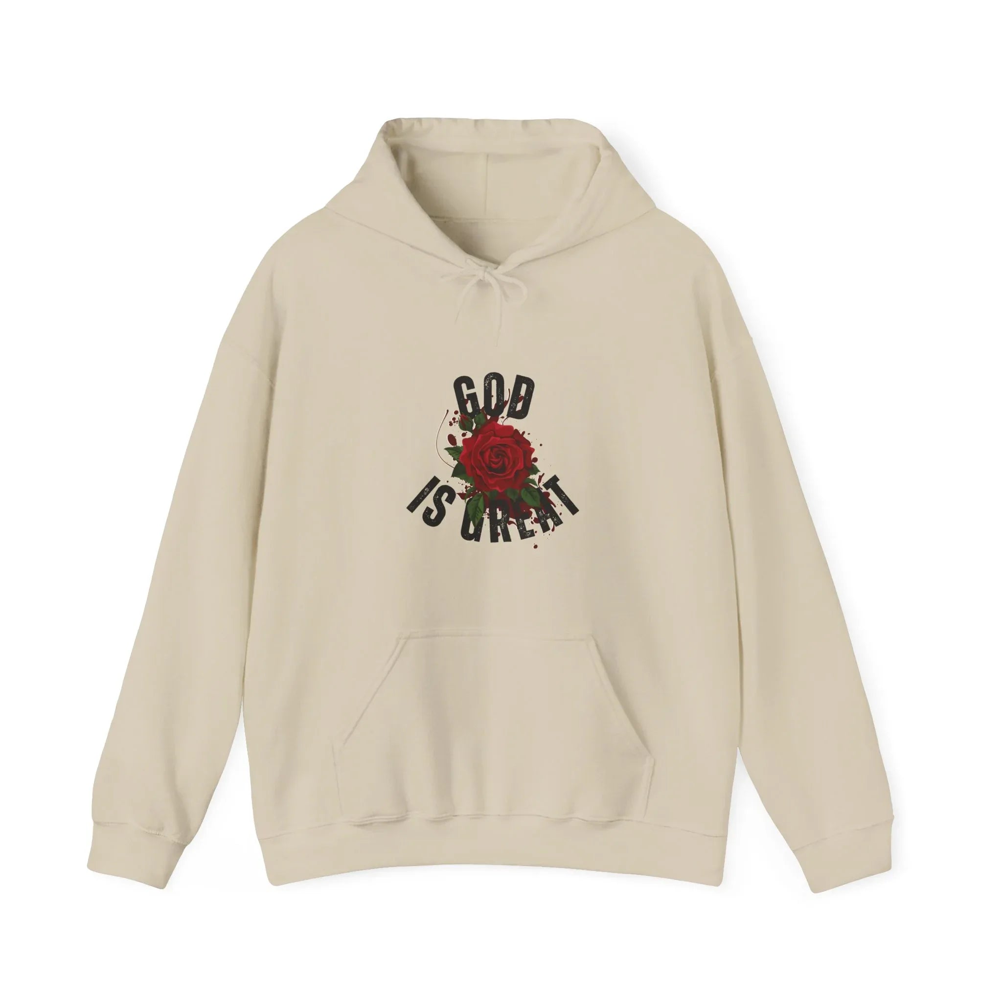 Sand hooded sweatshirt with front pocket and 'GOD IS GREAT' rose graphic