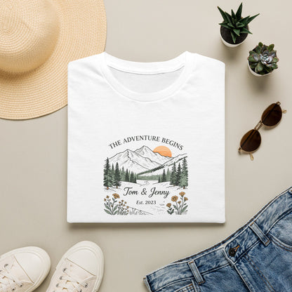 The Adventure Begins Couples T‑Shirt — Personalized Mountain Wedding / Anniversary Tee