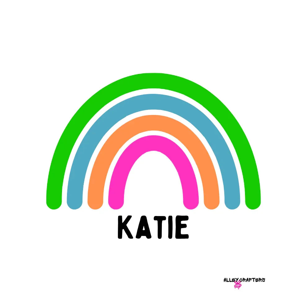Personalised rainbow mug design with KATIE name and multicolour rainbow arch