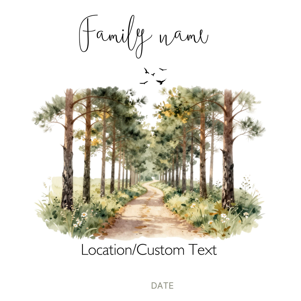 Personalised white tote bag artwork with family name and forest path watercolour scene