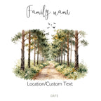 Personalised white tote bag artwork with family name and forest path watercolour scene