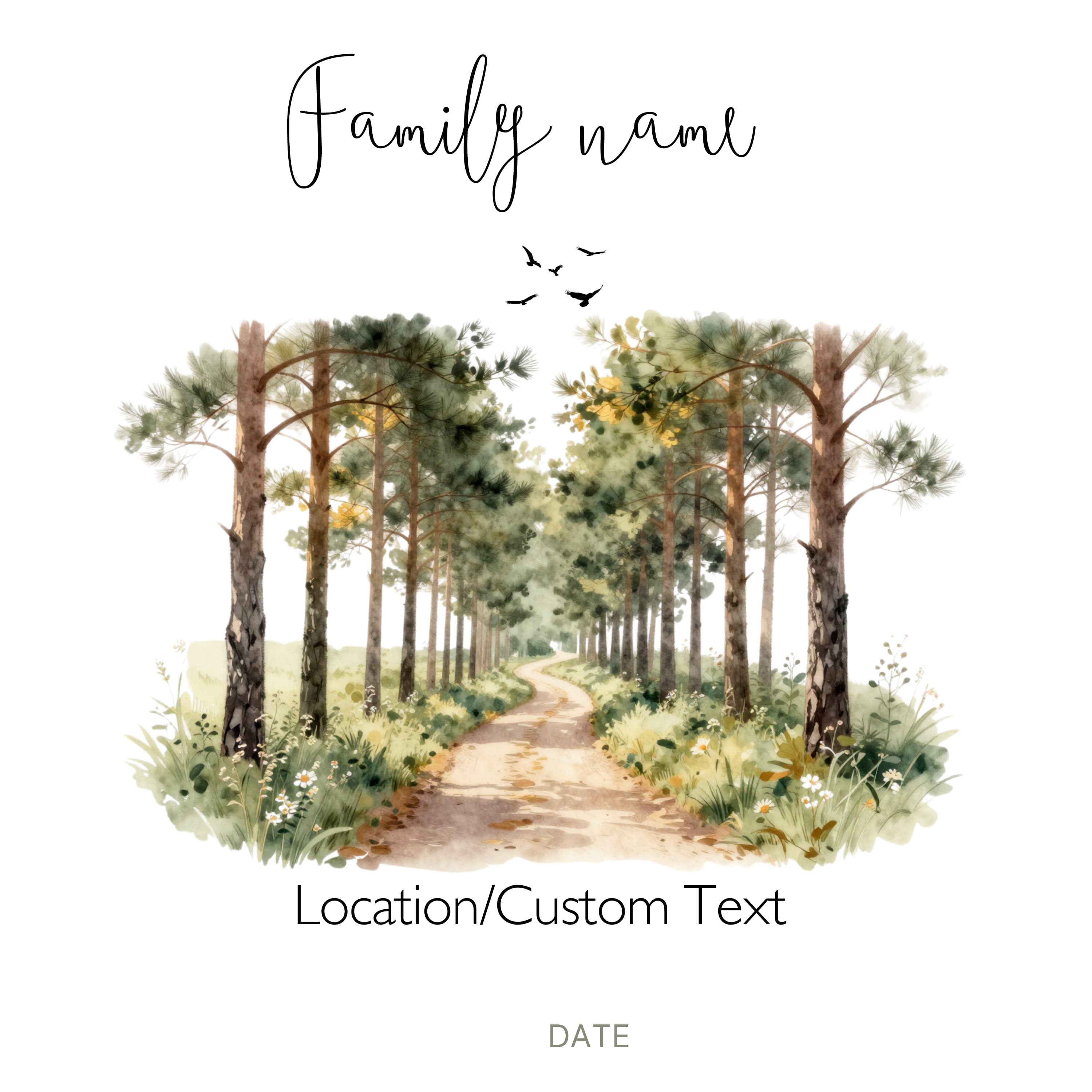 Personalised white tote bag artwork with family name and forest path watercolour scene