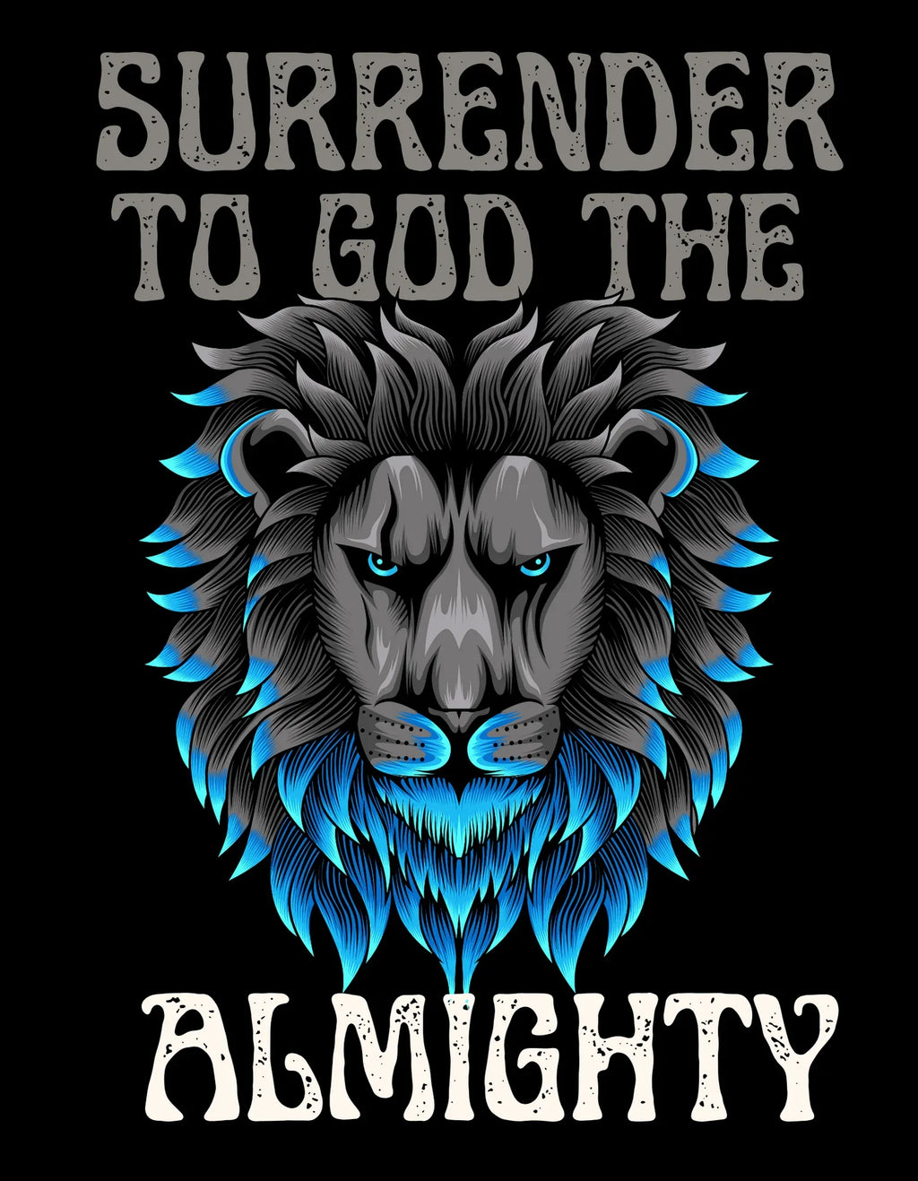 Black hoodie graphic: blue lion face with 'ALMIGHTY' lettering